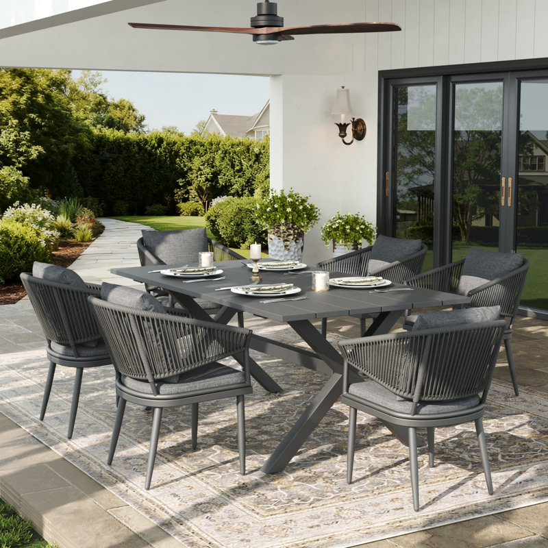 Rectangular Outdoor Dining Set With Cushions, Dark Grey Cushion/Grey Frame, 7 Pcs: Table, 6 Chairs