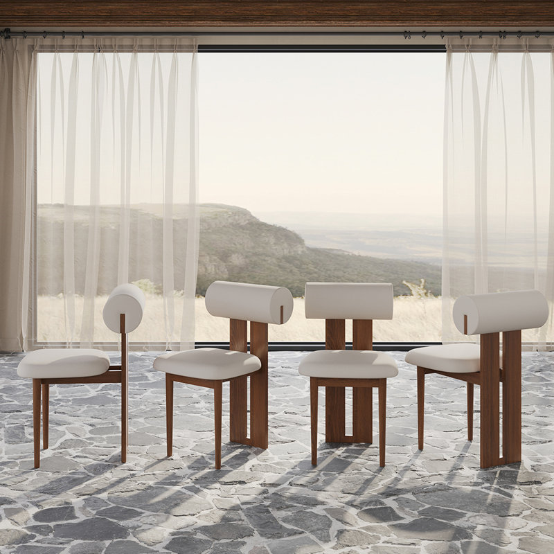 Ensemble de 4 chaises de salle à manger rembourrées - structure en bois de noyer, siège et dossier cylindriques en similicuir, aucun assemblage requis, chaises d'appoint contemporaines avec design à lattes ouvertes