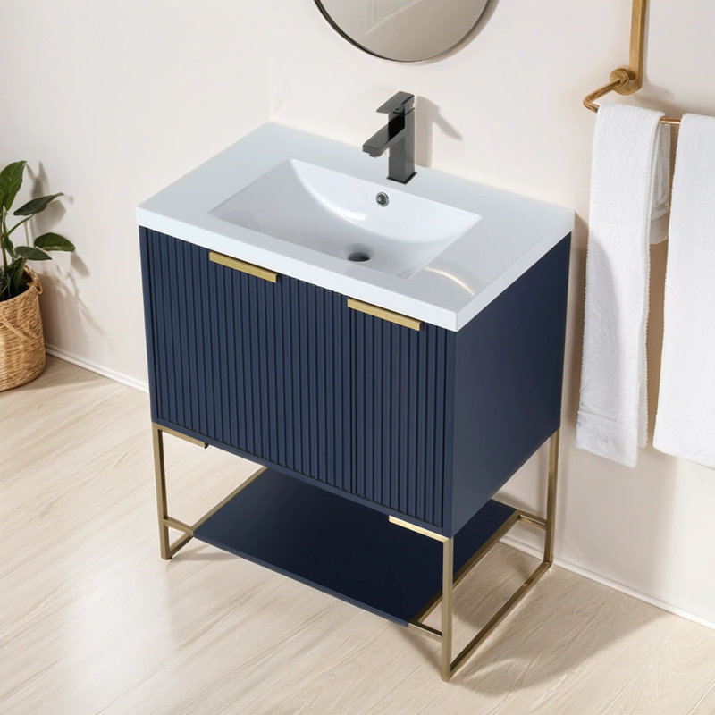 Meuble-lavabo simple avec plateau Francella, Bleu marine, Or