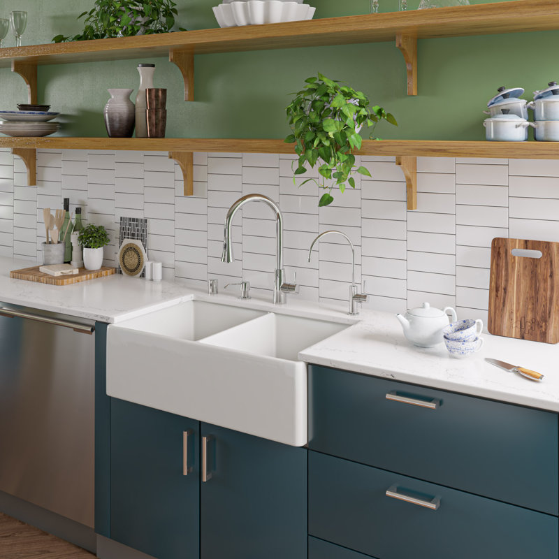 32.75'' L Double Bowl Fireclay Kitchen Sink, White
