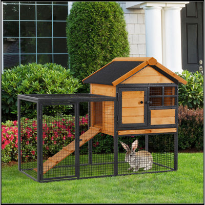 2-Level Rabbit Hutch Bunny House With Weatherproof Asphalt Roof, Removable Tray And Ramp For Outdoor