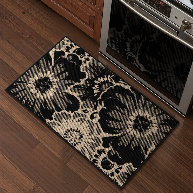 Tapis d'entrée lavable et antidérapant à motif floral, Black/Beige, L 24 po x L 36 po