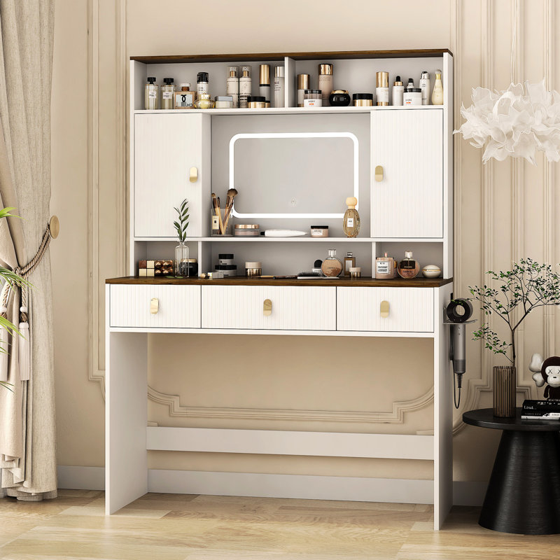 43" Wide White Vanity With Lighted Mirror, Makeup Drawer, And Hair Dryer Holder - Engineered Wood Bedroom Furniture Table, Wide, 3 Visible Drawers, Shelf Modern Decor Piece