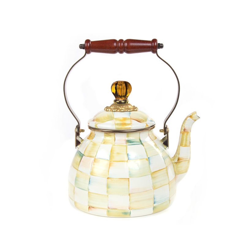 Yellow and Cream Enamel Checkered 3-Quart Tea Kettle