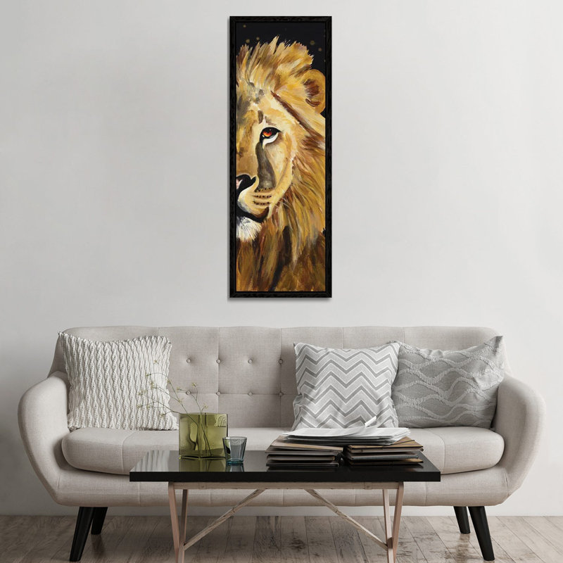 Lion Half Face 1 Piece Panoramic Wall Art on Canvas, 152.4 cm H x 50.8 cm W x 4.445 cm D, Black Floater Framed