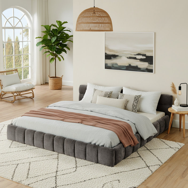 King Size Upholstered Bed Frame with Thick Chenille Fabric, Dark Gray