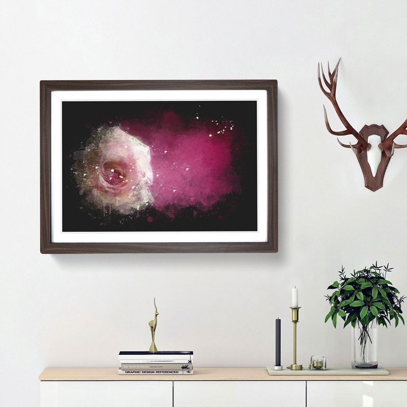 Lone Pink Rose Paint Splash - Picture Frame Graphic Art, 24cm H x 33cm W x 2cm D, Walnut Framed