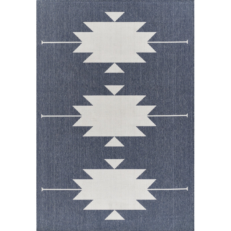 Geometric Beige/Blue Indoor/Outdoor Area Rug, Rectangle 6'7" x 9'6"