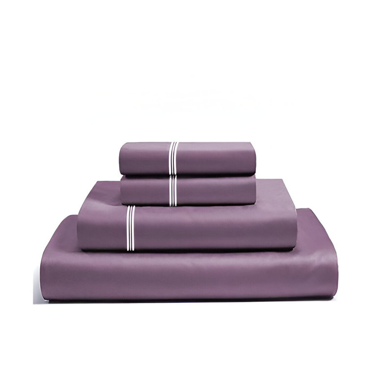 400TC Cotton Classic Luxurious Embroidery Cotton 4 Piece Sheet Set Fitted Sheet Fits Upto 16" Deep Pocket, Lilac/White