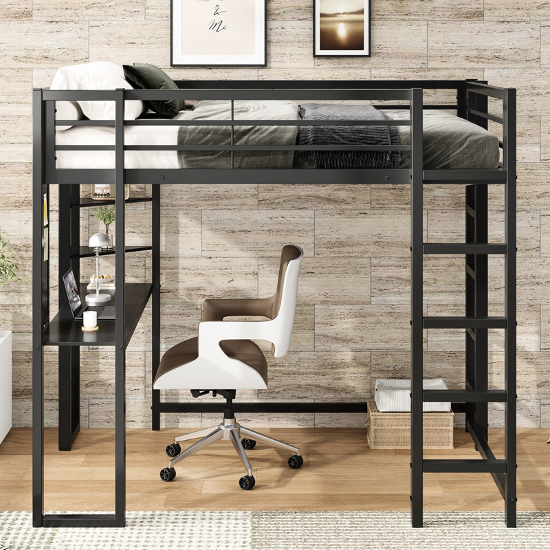 Lit mezzanine double en métal avec bureau et rangement pour les adolescents - noir, 78,07 po de profondeur, 57,58 largeur, 70,85 hauteur, 115,1 lb, conception stable, intégré, garde-corps, lattes, tablettes triangulaires, fiable