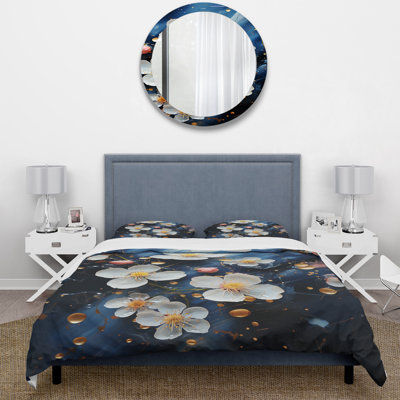 White And Blue Cherry Blossoms Flow I - Tree Cherry Blossom Duvet Cover Set
