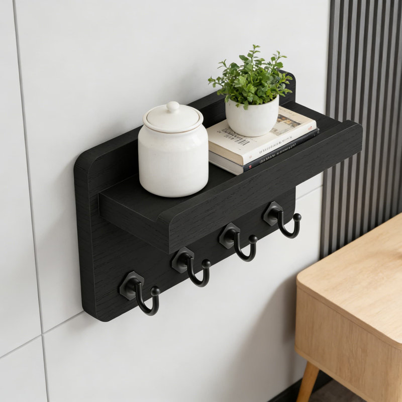 Porte-clés mural en bois avec tablette et 4 crochets, rangement pour clés, courrier et décoration intérieure, Noir