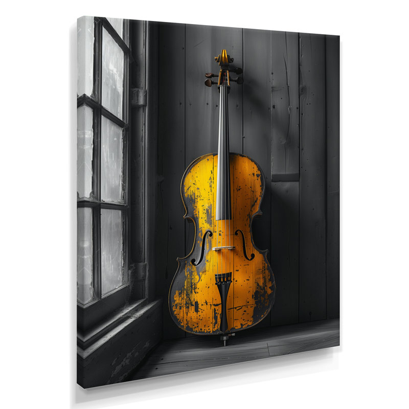«Gray and Yellow Music Cello Chic - Music Jazz Wall Art, Toile tendue, H 24 po x l 32 po