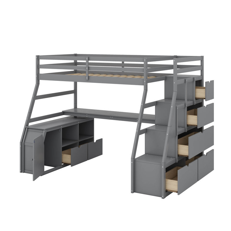 Lit mezzanine simple avec tiroirs, tablettes et bureau, gris