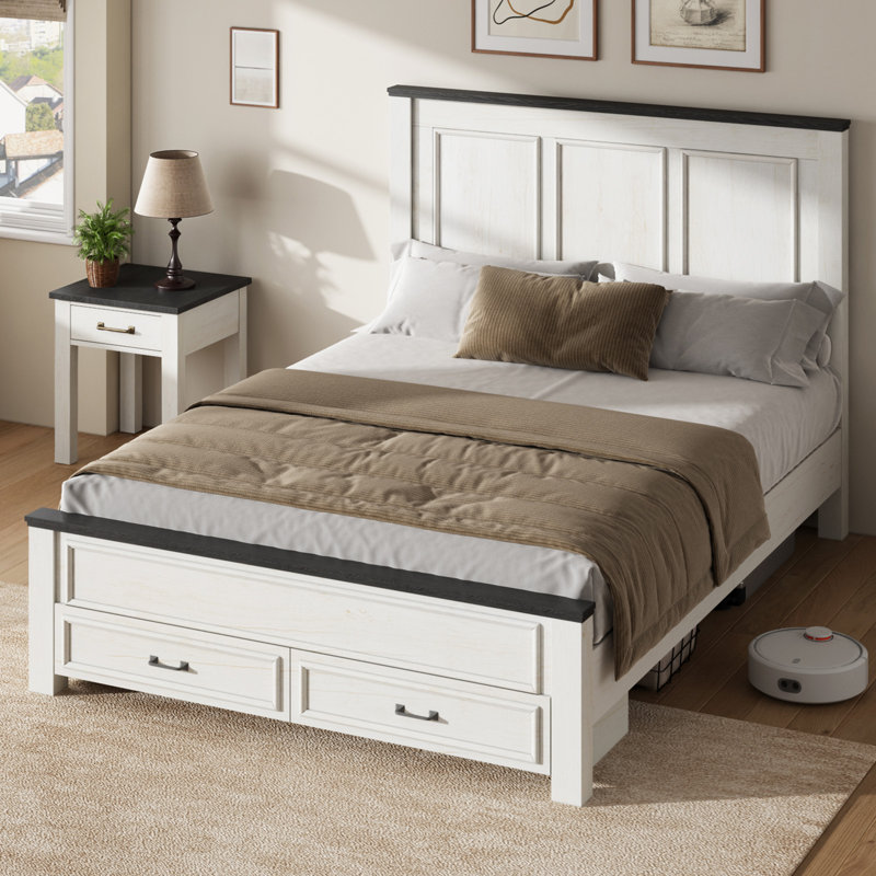 Farmhouse Wood Queen Platform Bed Frame with 52.2" Tall Headboard, Large Storage Drawers, Cream, Queen, Cream