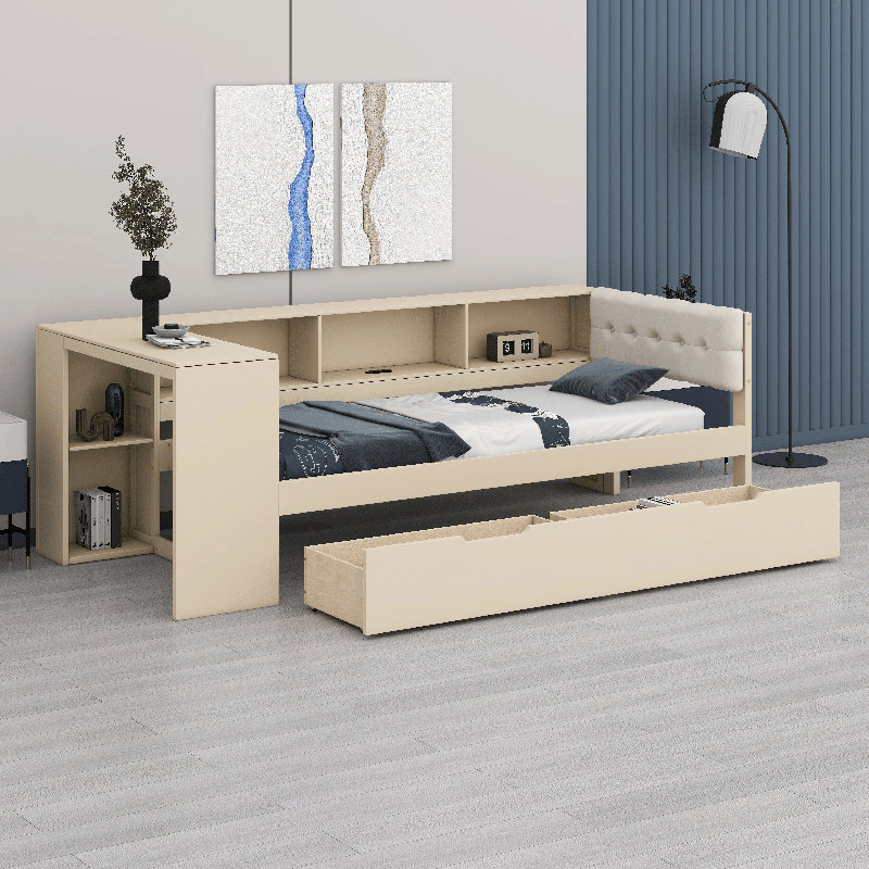 Lit plateforme simple en bois avec tête de lit tapissier, tablettes, tiroirs et station de charge, Lit simple, Crème, crème