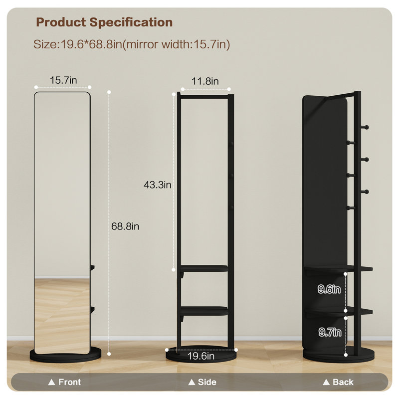 Black Solid Wood Full-Length Mirror with Coat Rack