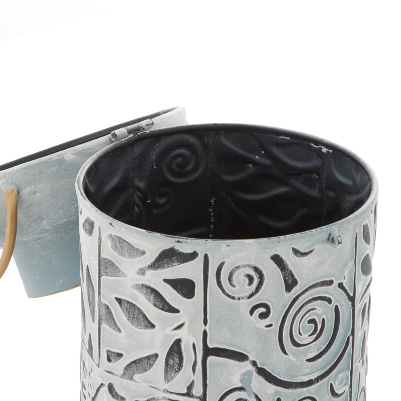 Metal Embossed Floral Decorative Blue Vase with Gold Handles Set