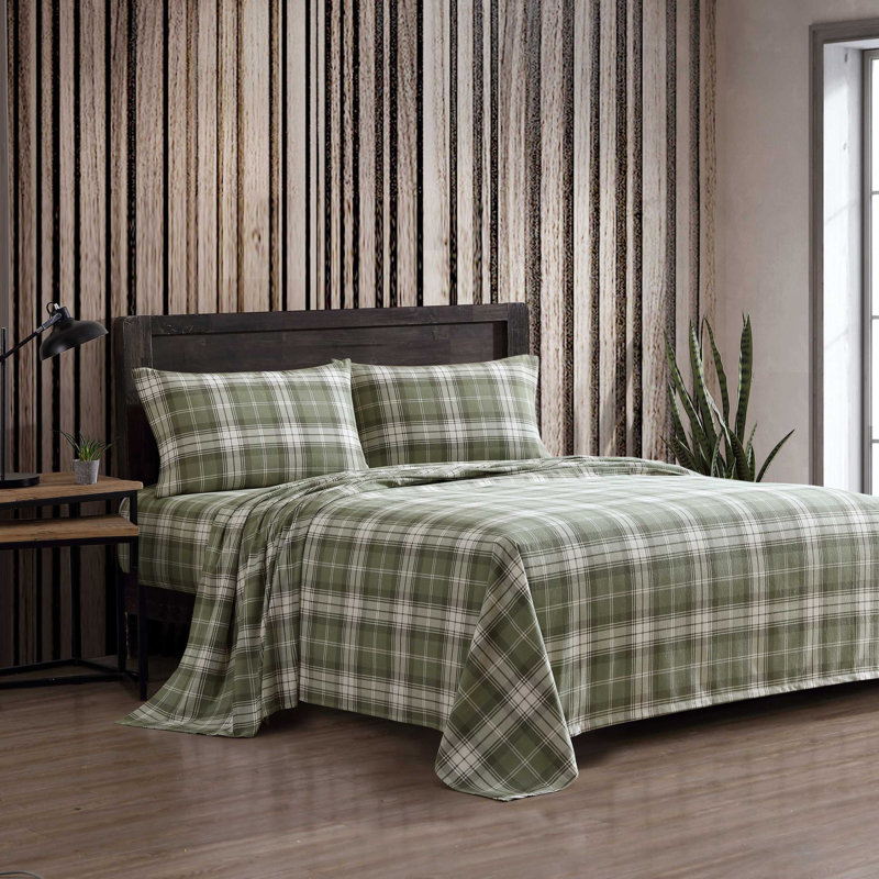 Ensemble de draps 100% coton 200 fils, Ensemble de draps pour grand lit avec 2 taies d'or, Tissu écossais vert