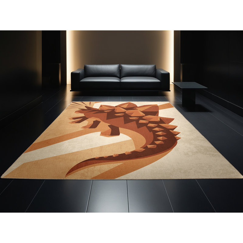 Machine Washable Pantelia Stegosaurus Modern Geometric Rug in Brown – Beige Binding, 7x10