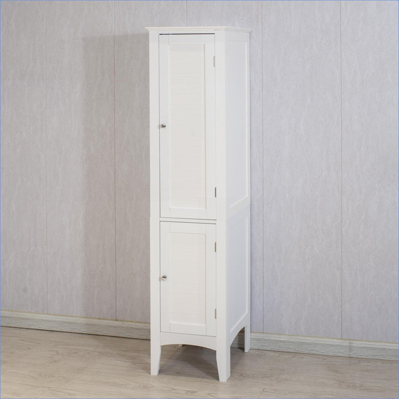 Armoires | Grande armoire de rangement autoportante moderne et étroite, 5 tablettes à 2 niveaux, 2 portes à volets, blanc neige, pour plusieurs pièces | Panneau de fibres à densité moyenne | Salle de bain