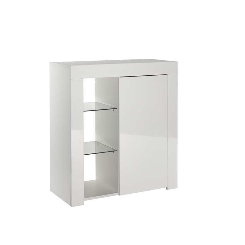Suzana White High Gloss Sideboard with RGB LED Lights – 1 Door Storage Cabinet with 2 Glass Display Shelves (75cm Wide)