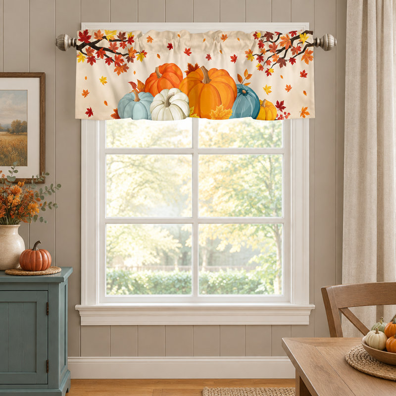 Cantonnière d'automne citrouille et feuille d'érable, 54 par 18 po, 1 panneau, courte fenêtre avec passe-tringle pour décor de cuisine d'automne