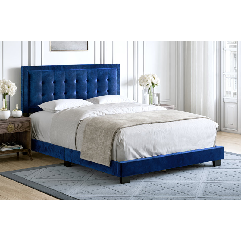 Pisa Velvet Upholstered Platform Bed Frame with Adjustable Headboard, Solid Wood Beam Support System, No Box Spring Required