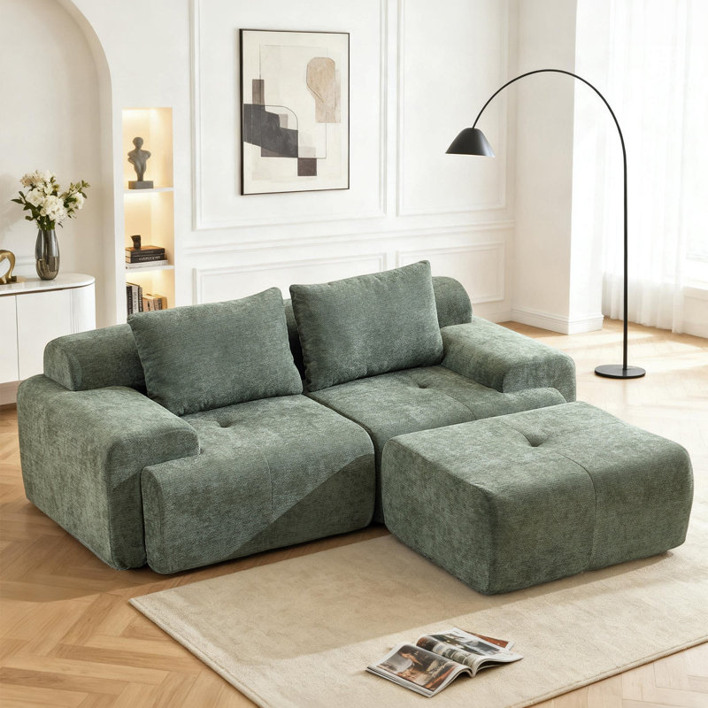 85" Boneless L Shaped Modular Sectional Sofa, Chenille Upholstery Cloud Couch With 1 Ottoman, Oversized Deep Seat Sofa For Living Room, No Assembly, Green