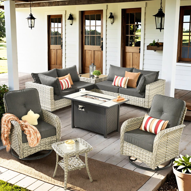 9- Piece Outdoor Patio Furniture Set with Fire Pit Table, All - Weather Wicker Swivel Chairs & Love Seats, Thick Padded Cushions for Garden, Backyard & Porch