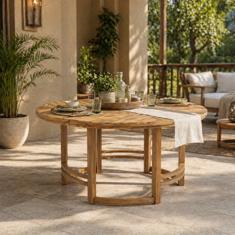 Table de salle à manger d'extérieur ronde en bois d'acacia clair clair avec trou de parasol intégré et plateau à lattes à chevrons
