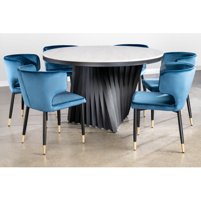 Waterfall Round Marble Dining Table Set with Sculptural Base and 6 Blue Velvet Chairs – 7-Piece Modern Dining Set with Gold-Tipped Legs
