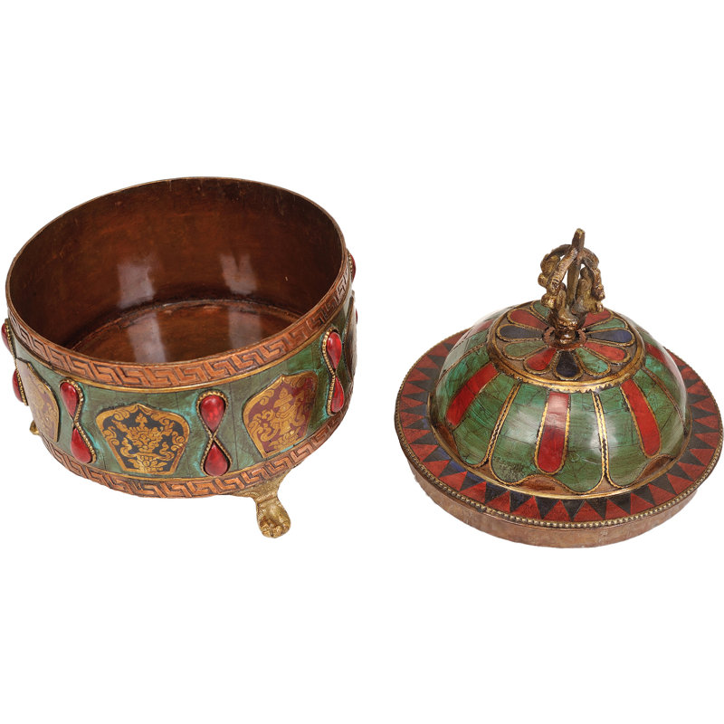 5.5 Inch Tibetan Buddhist Ritual Bowl with Lid - Handcrafted Copper Meditation Bowl with Inlay for Sound Healing, Yoga Studio & Spiritual Home Decor