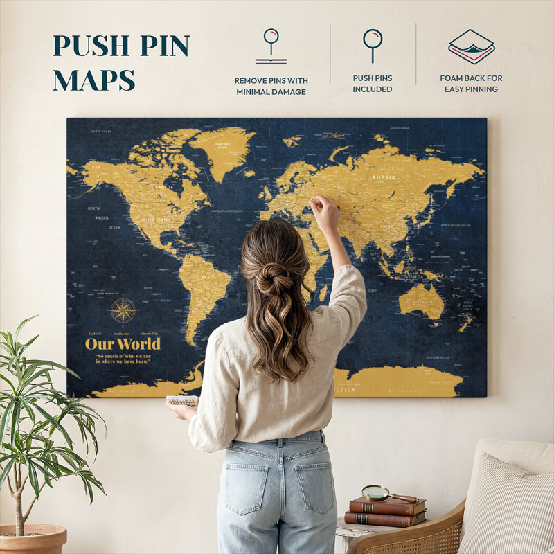 Carte du monde personnalisée avec punaise - or, H 26 po x l 39 po, Oui