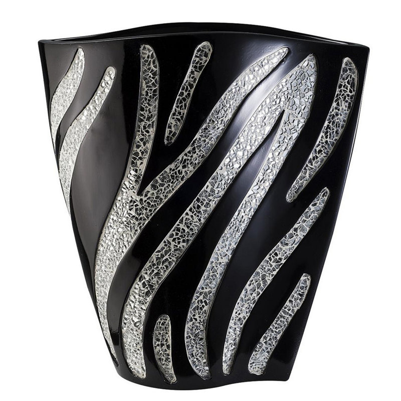14" Tall Polyresin Decorative Vase, Black finish with Silver Zebra Pattern