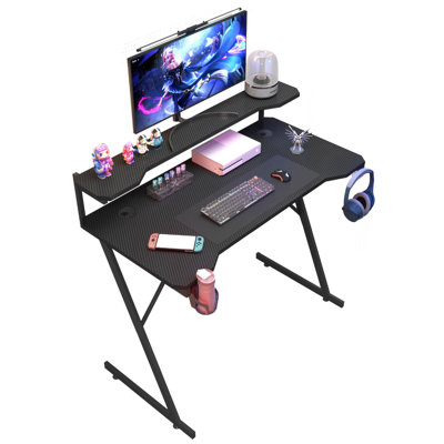 Gaming Desk With Monitor Stand Carbon Fibre Top Black With Cup Holder, Headphone Hook