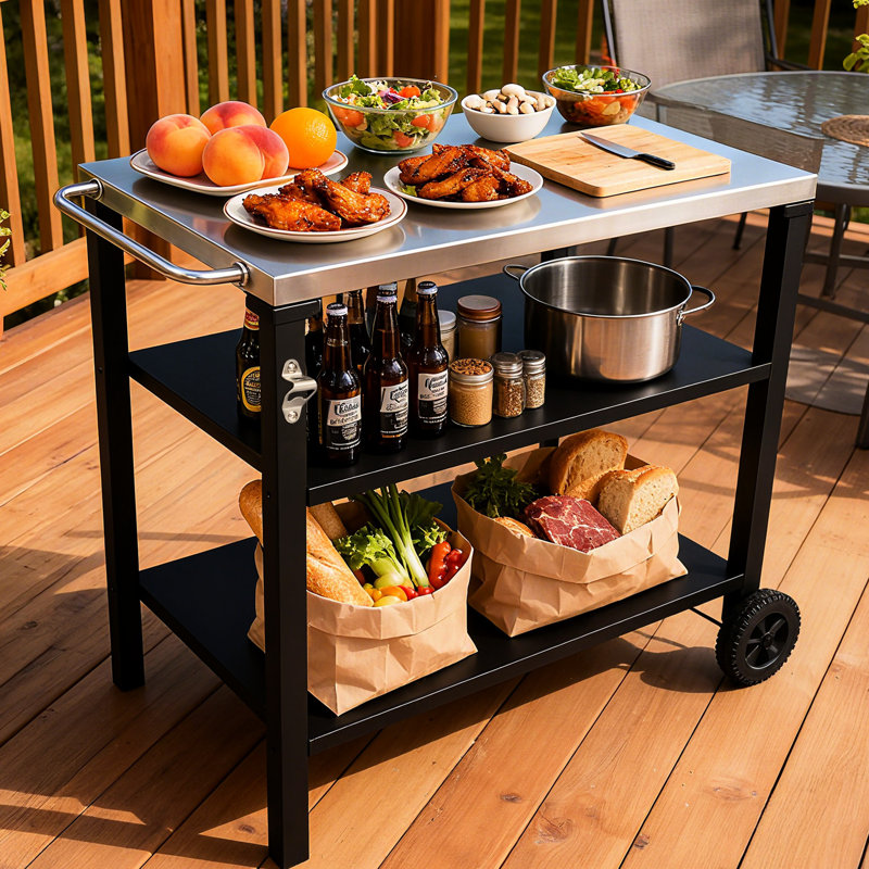 Chariot de barbecue extérieur à 3 niveaux avec surface en acier inoxydable, roues de table de préparation barbecue, barre de service roulante pour patio et cour arrière, support de four à pizza en noir, construction, grand rangement, stable