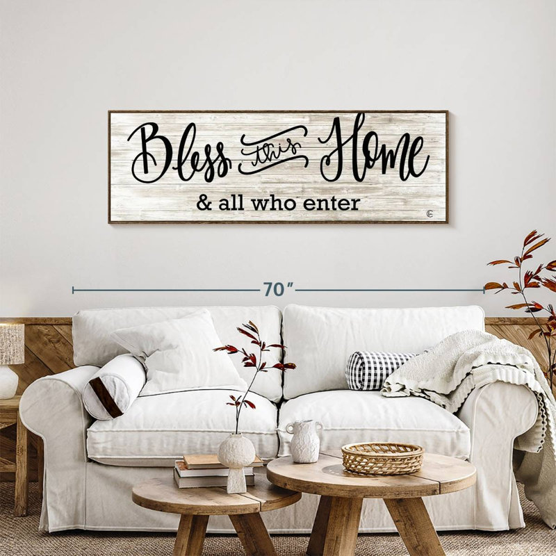 Plaque murale «Bless This Home», 57 po x 19 po, Cadre flottant noyer