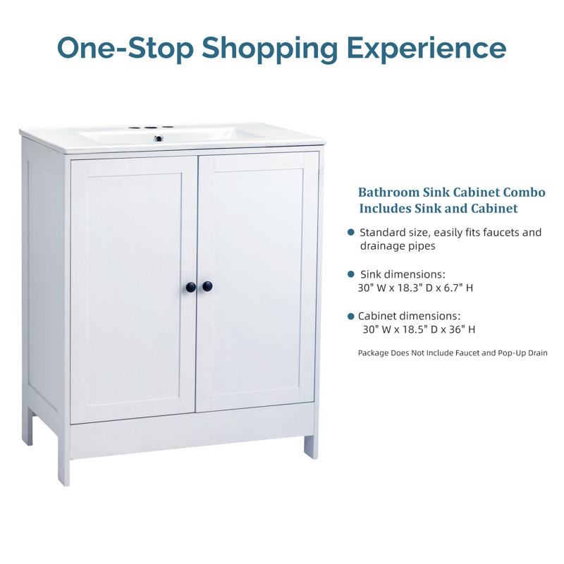 Meuble-lavabo blanc de 30 po avec plateau en céramique et rangement pour porte