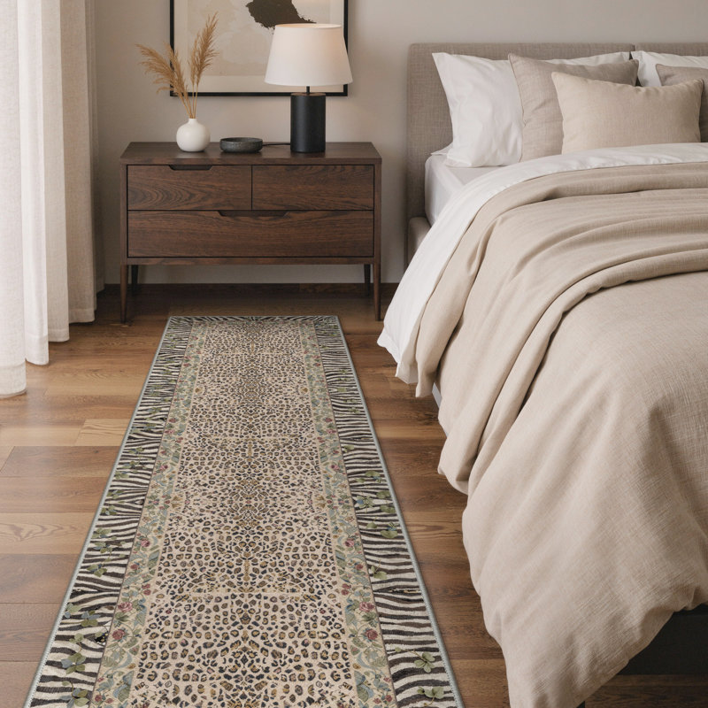 Alissa Liora Boho Leopard Floral Machine Washable Brown / Green / Beige Indoor Area Rug with Non-Slip Backing