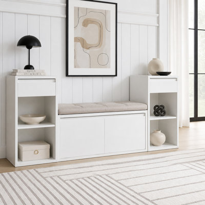 Banc de rangement tout-en-un avec coussin, compartiments, tiroirs et tablettes ouvertes, banc de rangement
