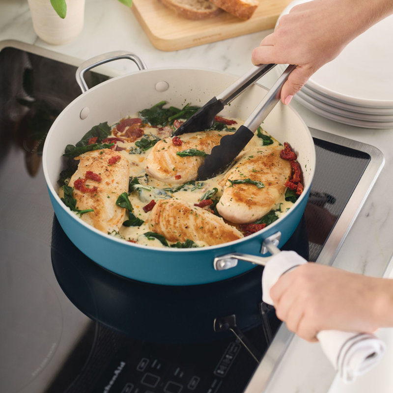 Kitchenaid Hard-Anodized Ceramic Induction Saute Pan With Lid And Helper Handle, 5-Quart, Agave, Blue