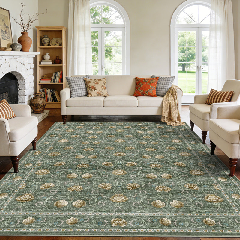 Vintage Floral Area Rug Washable Non Slip Low Pile Carpet Mark Resistant Soft Collapsible Vintage Accent Throw Rug Living Room Bedroom Dining Room Office Home Decor