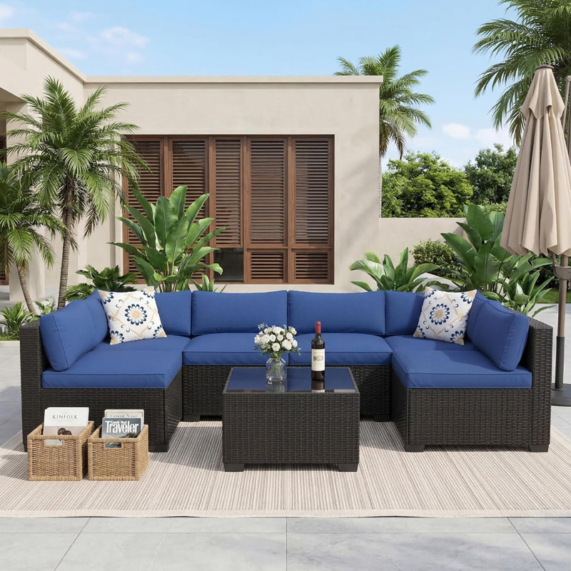 7-Piece All-Weather Outdoor Sectional Sofa Set, Waterproof Wicker Patio Furniture with Removable Cushions, Modern Gray Conversation Set for Poolside, Garden, and Backyard, Black Vine+Blue Cushion