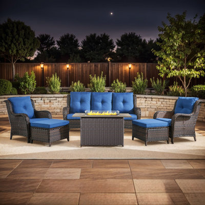  6-Piece Outdoor Furniture Sofa Set With 2 Patio Chairs, 2 Ottomans & 55K BTU Fire Pit Table