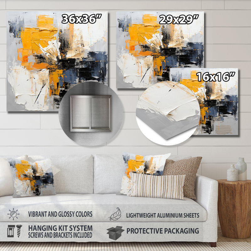 «Gray and Yellow Paint Elegance IV», art mural abstrait en métal, H 29 po x l 29 po