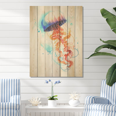 Méduse orange et bleue Jive II - méduse sur bois