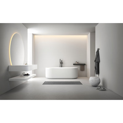 67" Freestanding Solid Surface Bathtub, White, Vertical Fluted Exterior, Modern Luxury Design