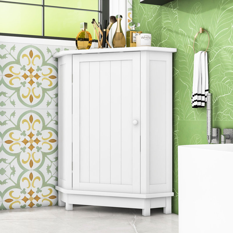 Wood Bathroom Corner Storage Cabinet with Adjustable Shelves, White