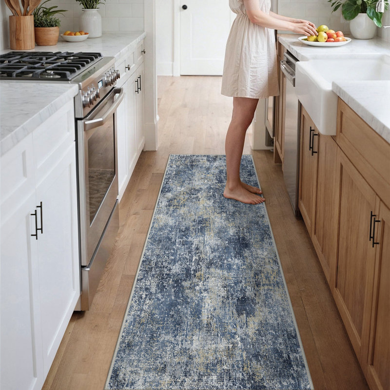 Abstract Area Rug, Rectangle 80 x 150 cm, Navy Blue/Tan